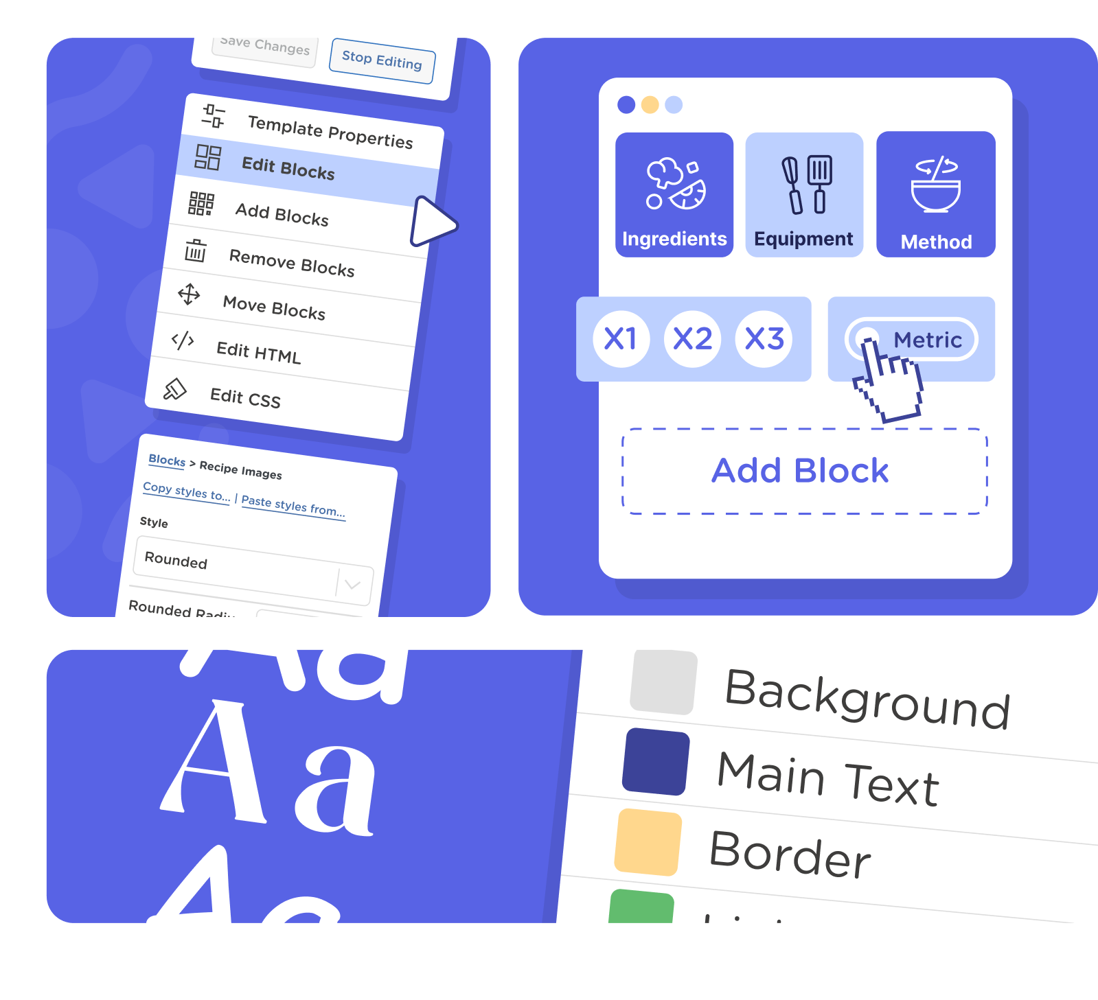 Template Editor controls for moving blocks and editing recipe card design settings.