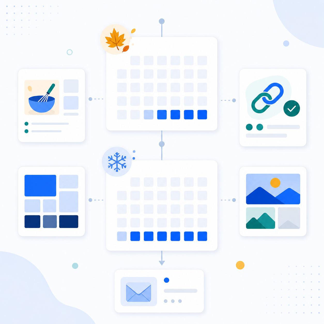 Abstract calendar illustration showing two recurring Bootstrapped Ventures sale windows and plugin cards.