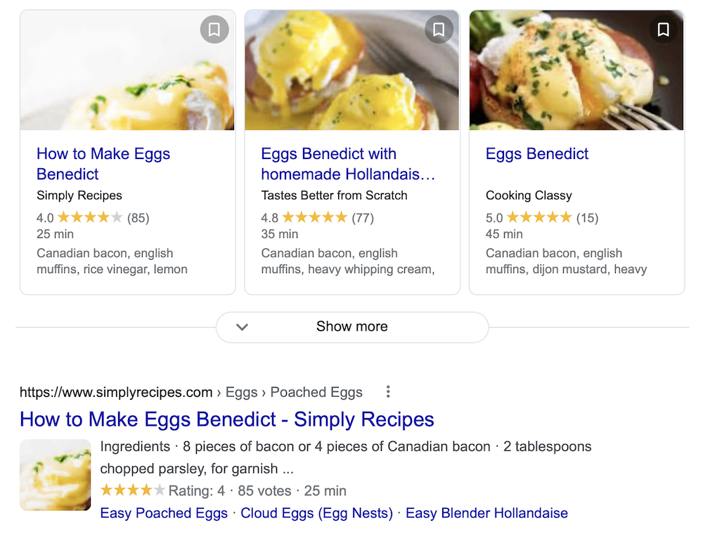 Google search for eggs benedict recipes with schema markup