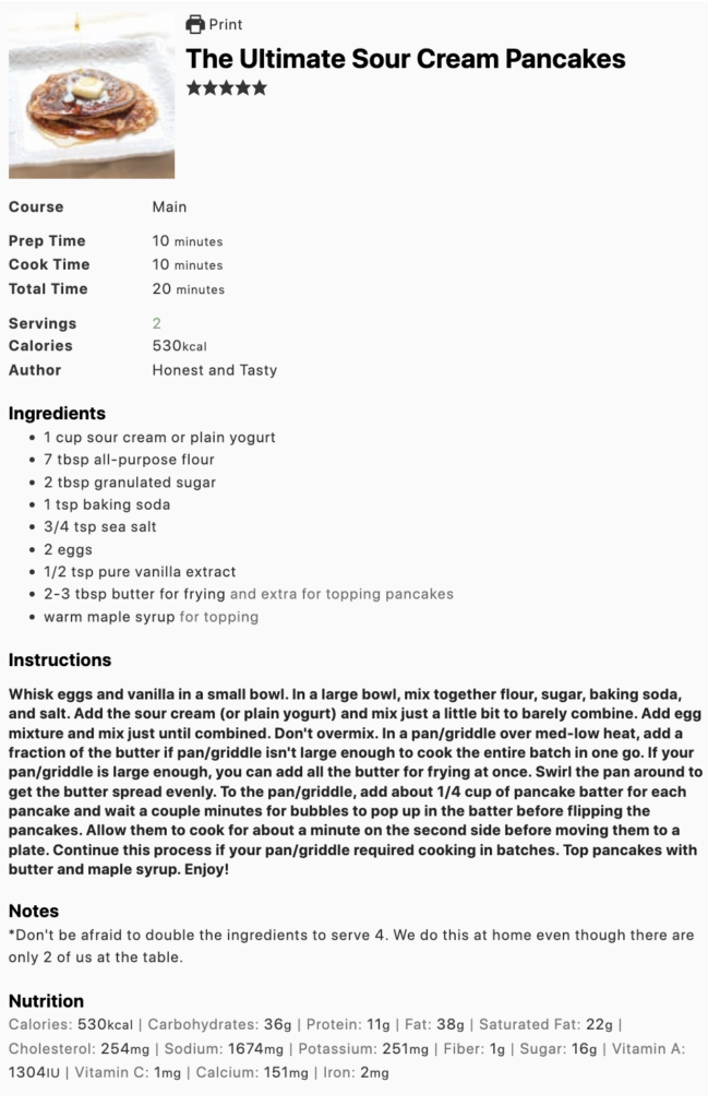An example of a recipe card on HonestandTasty.com, made with WP Recipe Maker.