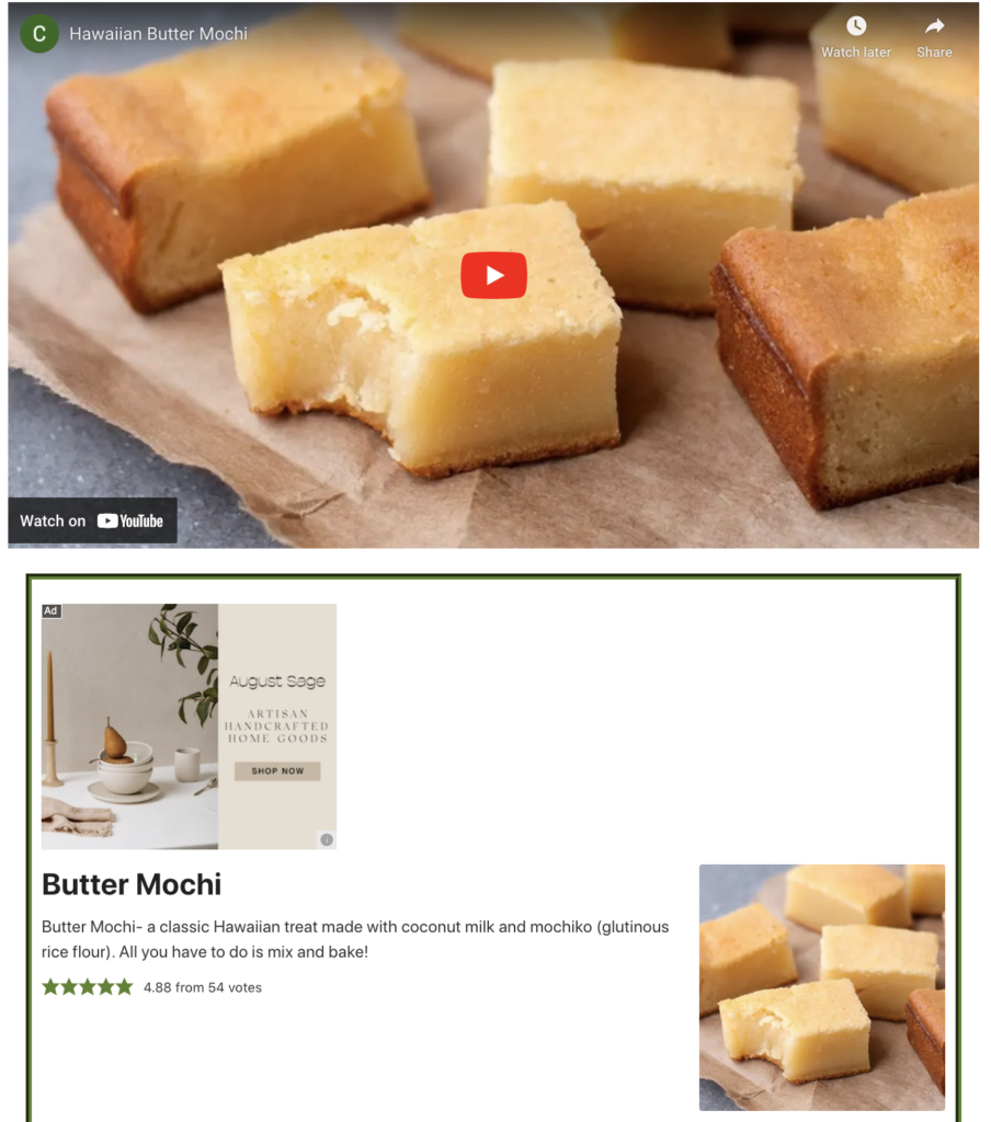 A blog post from Contemplating Sweets, where WP Recipe Maker is used to display the cooking video right above the recipe.