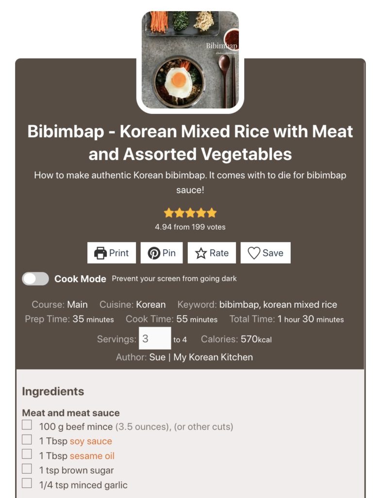 An online recipe for Korean Bibimbap created using WP Recipe Maker on MyKorenKitchen.com