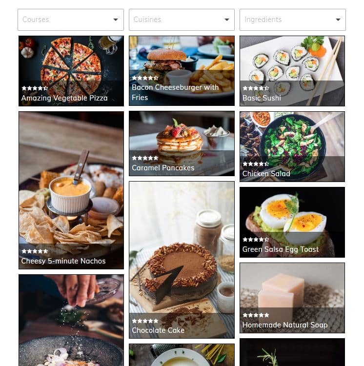 A WP Recipe Maker recipe grid with stars and dropdown filters. Possible in combination with a grid plugin like WP Ultimate Post Grid