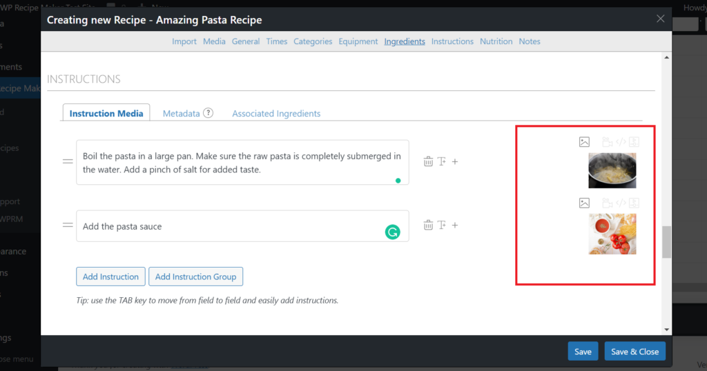 Adding images and videos to instructions with WP Recipe Maker