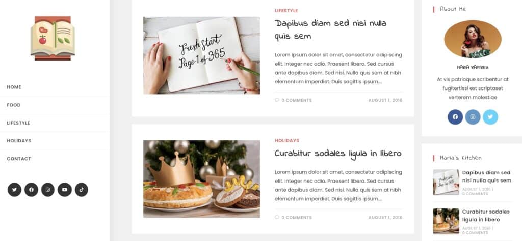 The OceanWP Theme has a free template called Maria that’s a good fit for food bloggers
