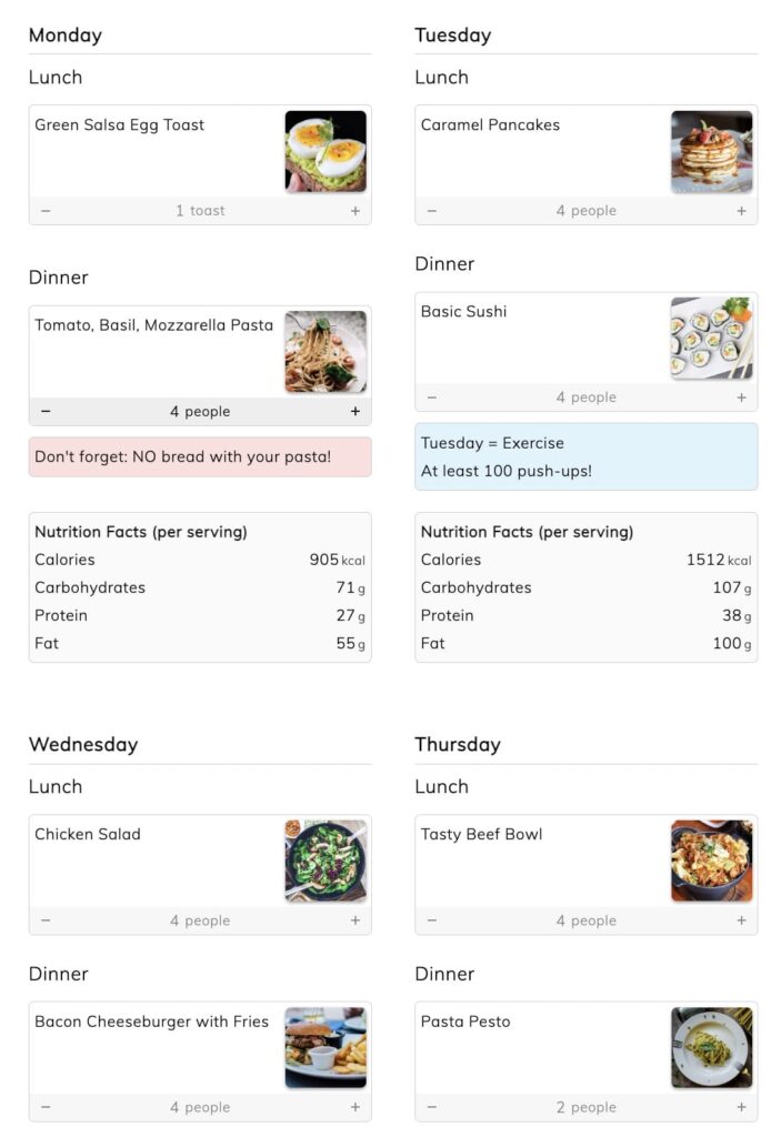 Here’s an example of how site visitors can save recipe collections to create their own meal plans.