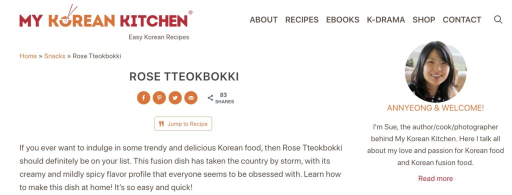 Sue from My Korean Kitchen has gone for a very clean look that matches the white and orange look of her website!