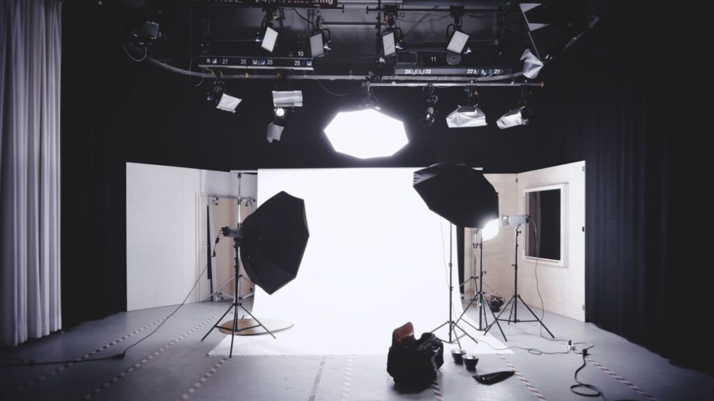 A photography set up with softboxes and strobe lights.