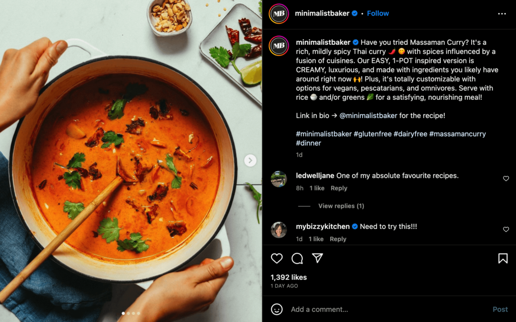 Example of an Instagram post sharing a recipe