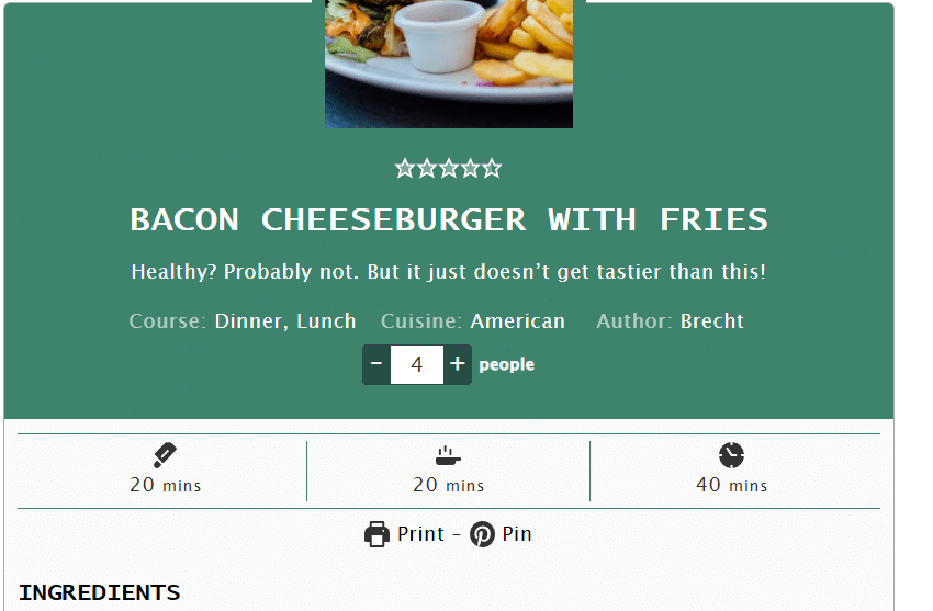 Screenshot of a recipe card of a bacon cheeseburger with fries recipe