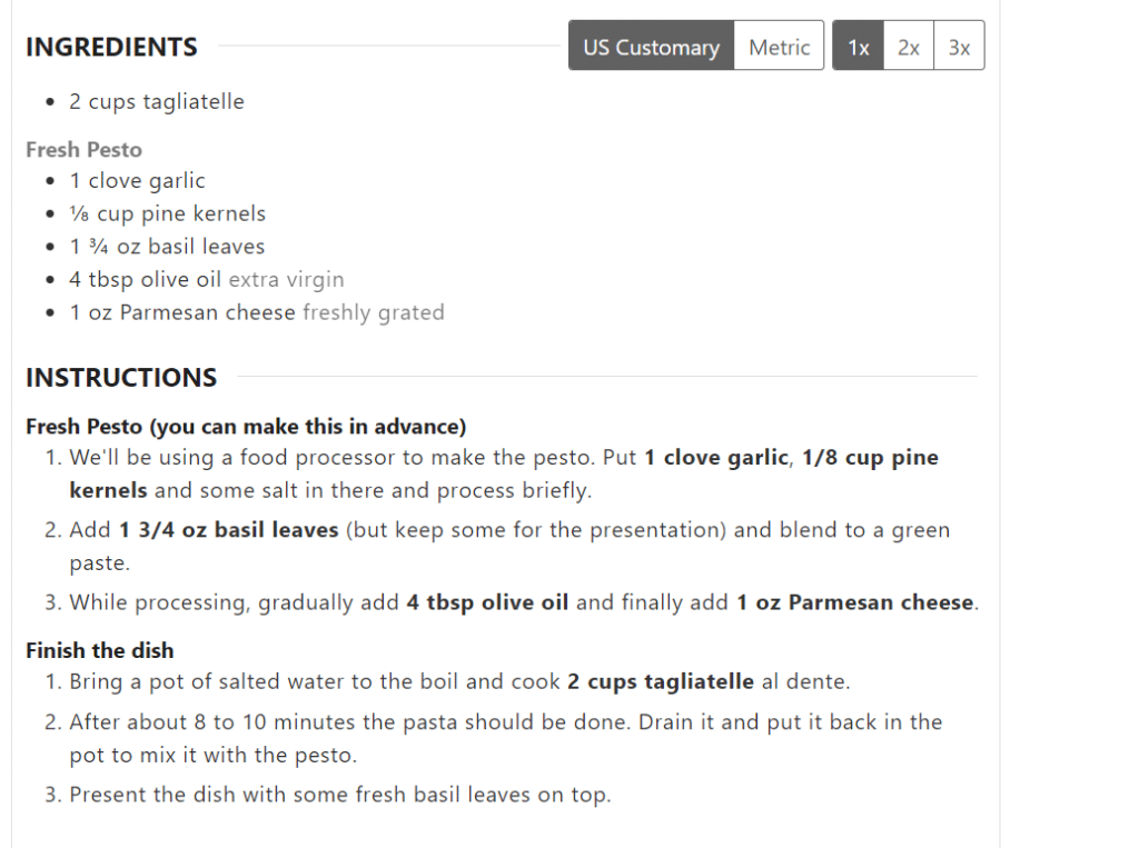 Screenshot showing adjustable serving sizes