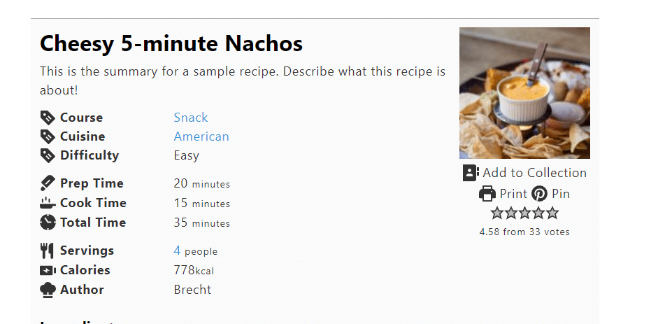 Screenshot of the recipe card displaying Cheesy 5-minute nachos