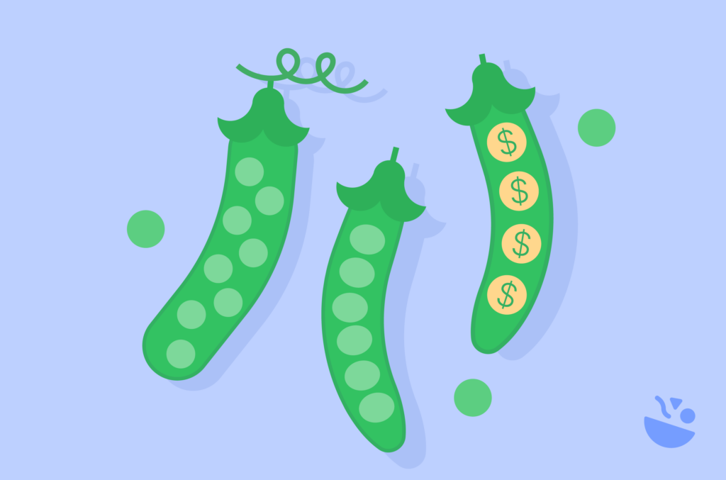A bold graphic design of runner beans with pea pods and some of the peas are coins