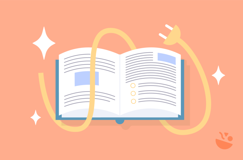 Illustration showing how a WordPress recipe plugin powers your food blog content, depicted as an open book with a power plug on an orange background