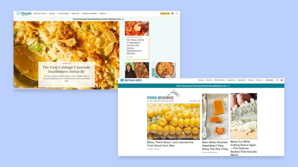 Simply Recipes and Serious Eats homepages