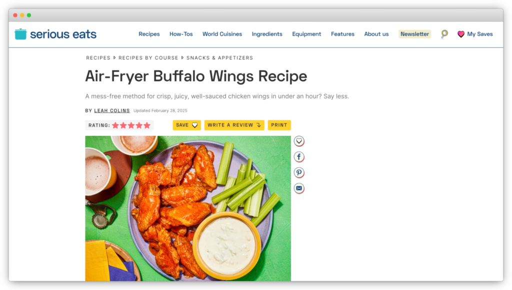 Example Air-fryer buffalo wings from Serious Eats