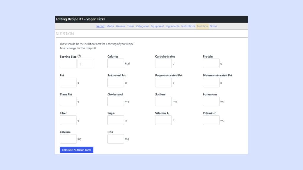 Filling in nutritional facts with WP Recipe Maker