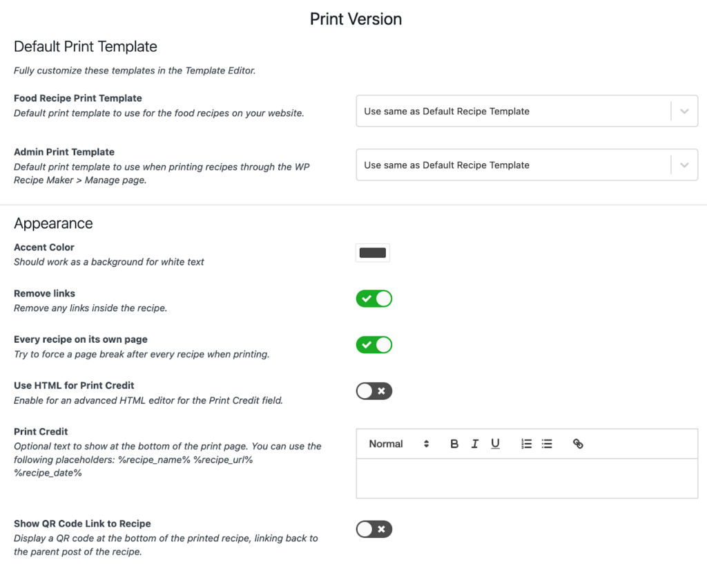 WP Recipe Maker print version settings