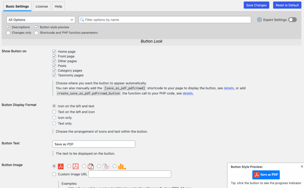 Save as PDF settings
