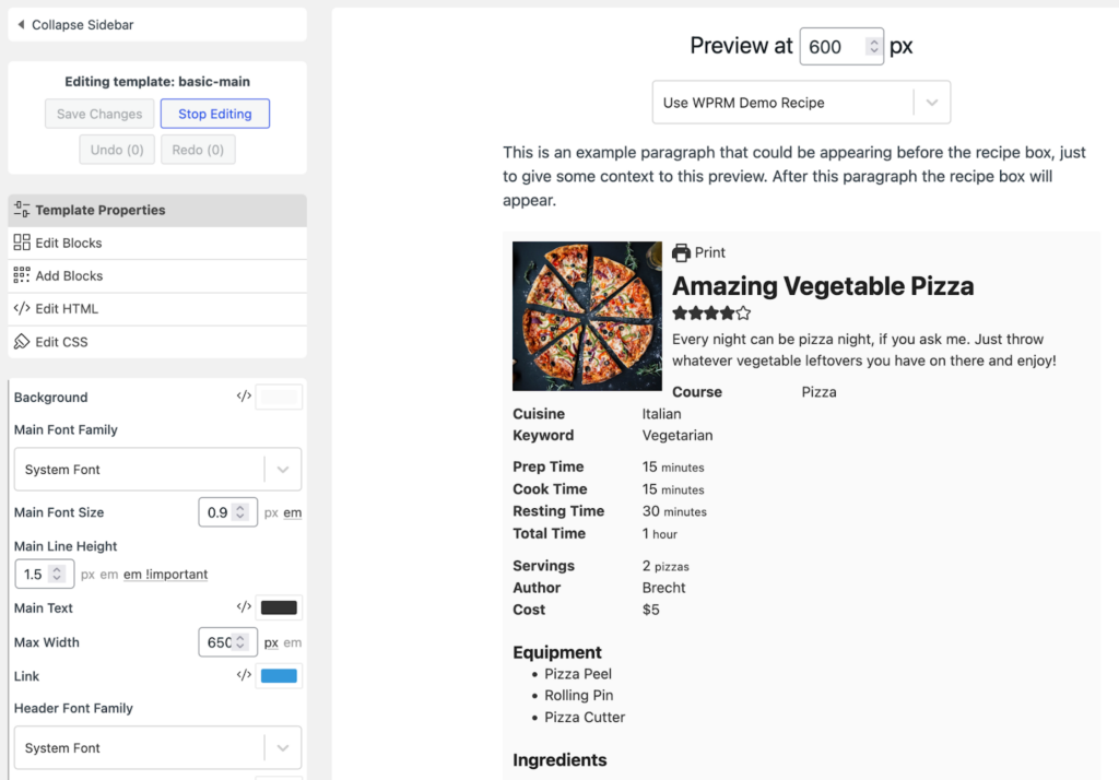 WP Recipe Maker template editor