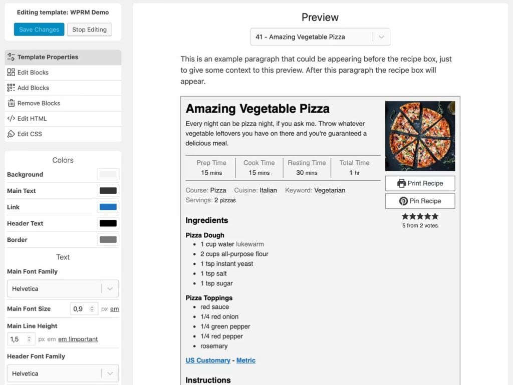 WP Recipe Maker Template Editor backend interface | Source: WP Recipe Maker